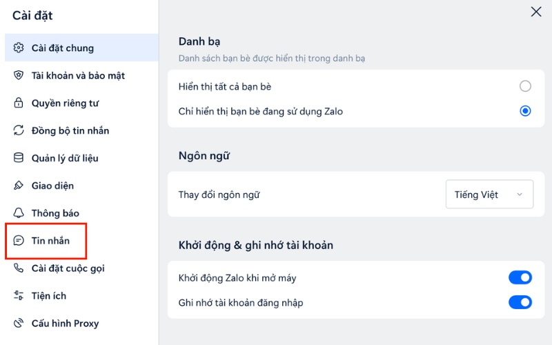 Vào phần cài đặt trên ứng dụng Zalo chọn tin nhắn