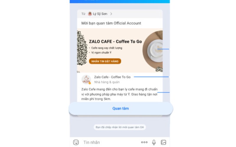 Giao diện người dùng nhận được lời mời quan tâm Zalo Page