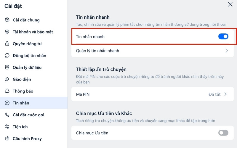 Hộp thoại tin nhắn mở ra bạn bật phần tin nhắn nhanh