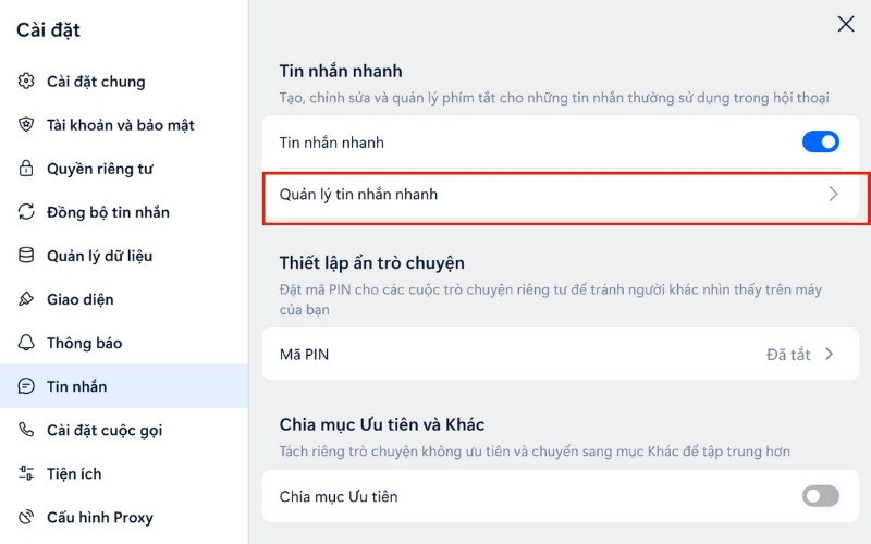 Tiếp theo chọn quản lý tin nhắn nhanh