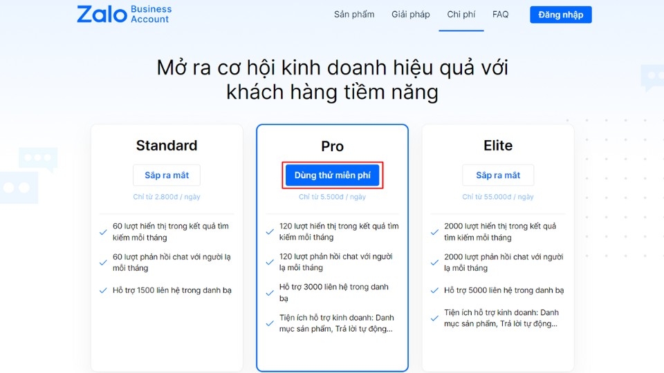 Các gói đăng ký - nâng cấp Zalo Business trên Máy tính 