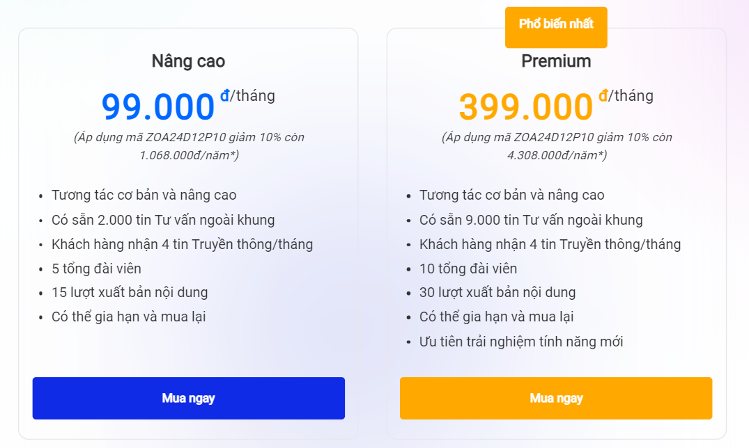 Chi phí và tính năng đi kèm của 2 gói Trả phí Zalo OA trong 1 năm