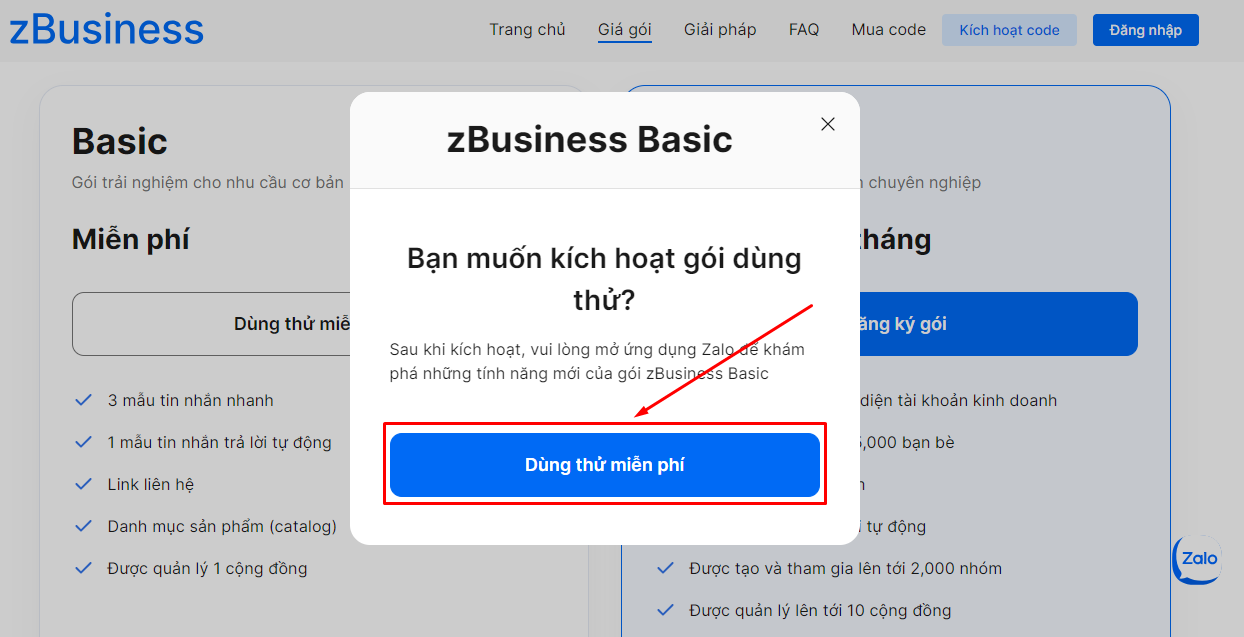 Ấn xác nhận “Dùng thử miễn phí” để đăng ký dùng thử