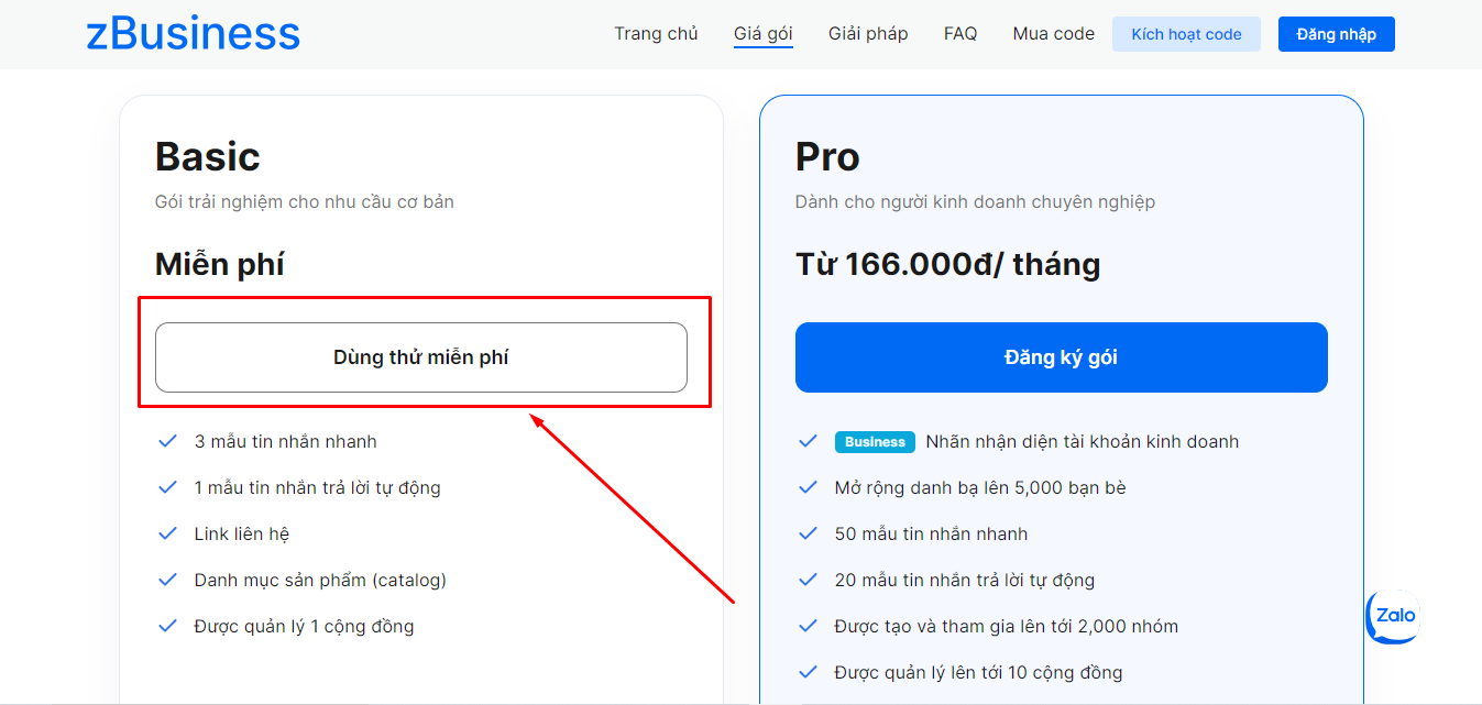 Chọn “Dùng thử miễn phí” tại gói Zalo Business Basic