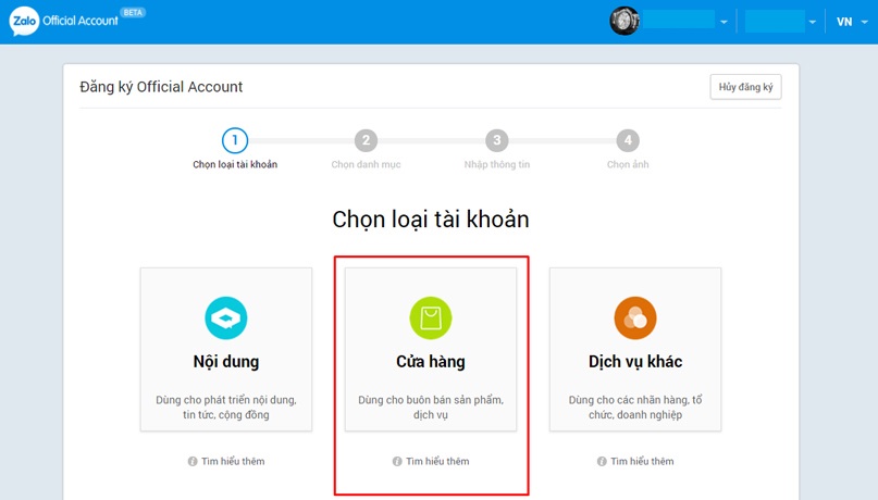 Chọn loại tài khoản “Cửa hàng”