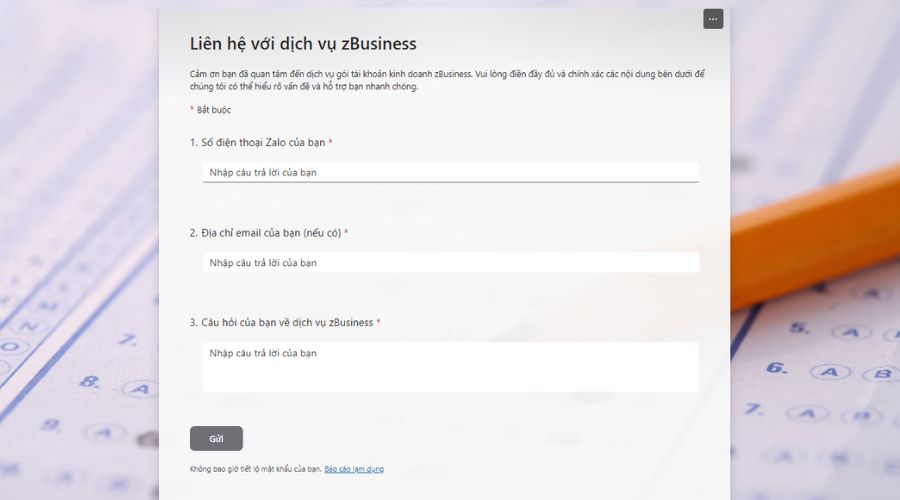 Form liên hệ hỗ trợ khi gặp vấn đề huỷ Zalo Business