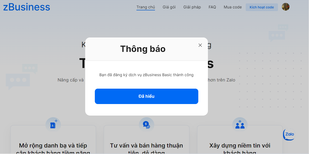 Thông báo đã đăng ký dùng thử zBusiness thành công 