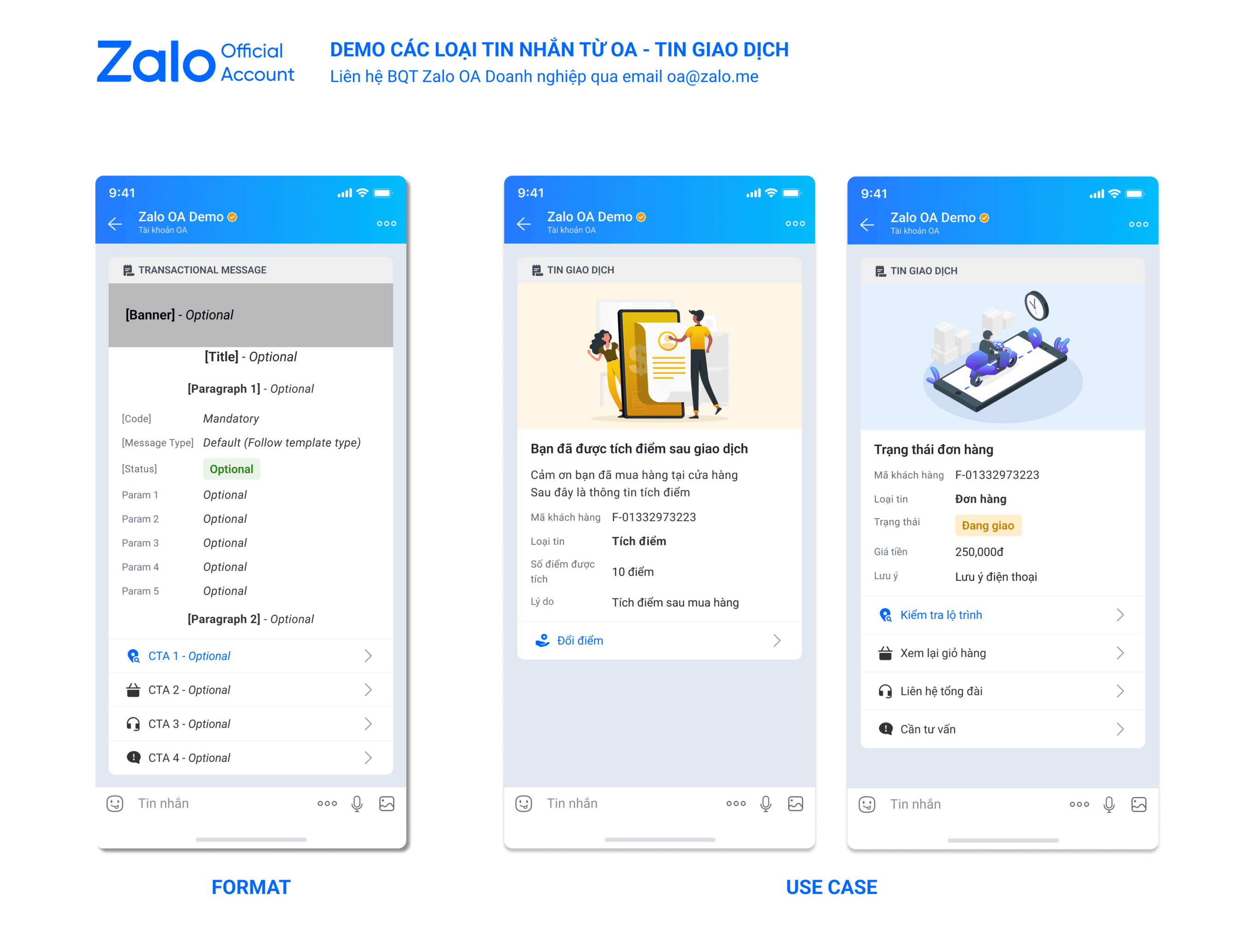 Demo tin giao dịch Zalo OA với Format và Use Case