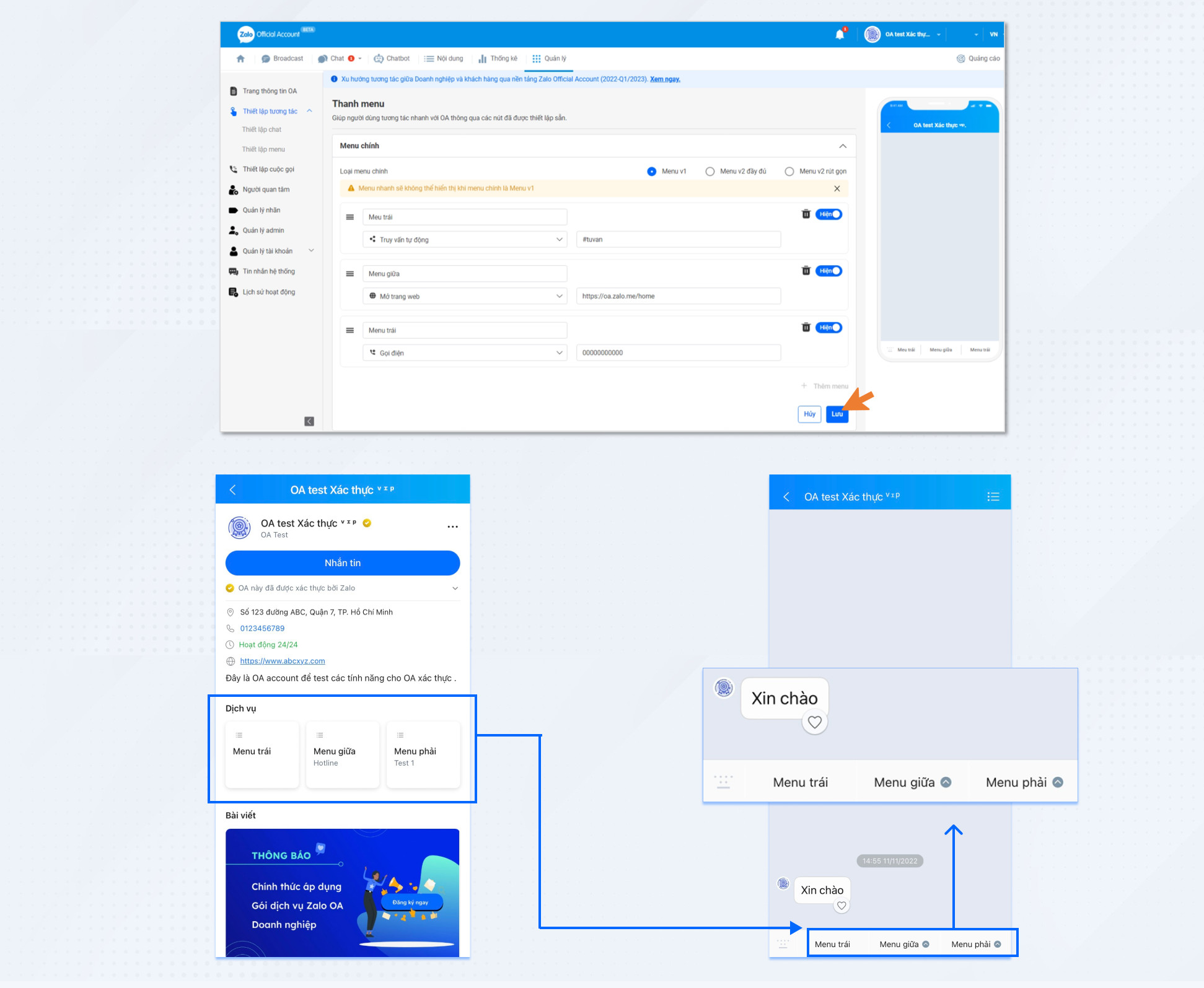 thiết lập menu V1 zalo oa