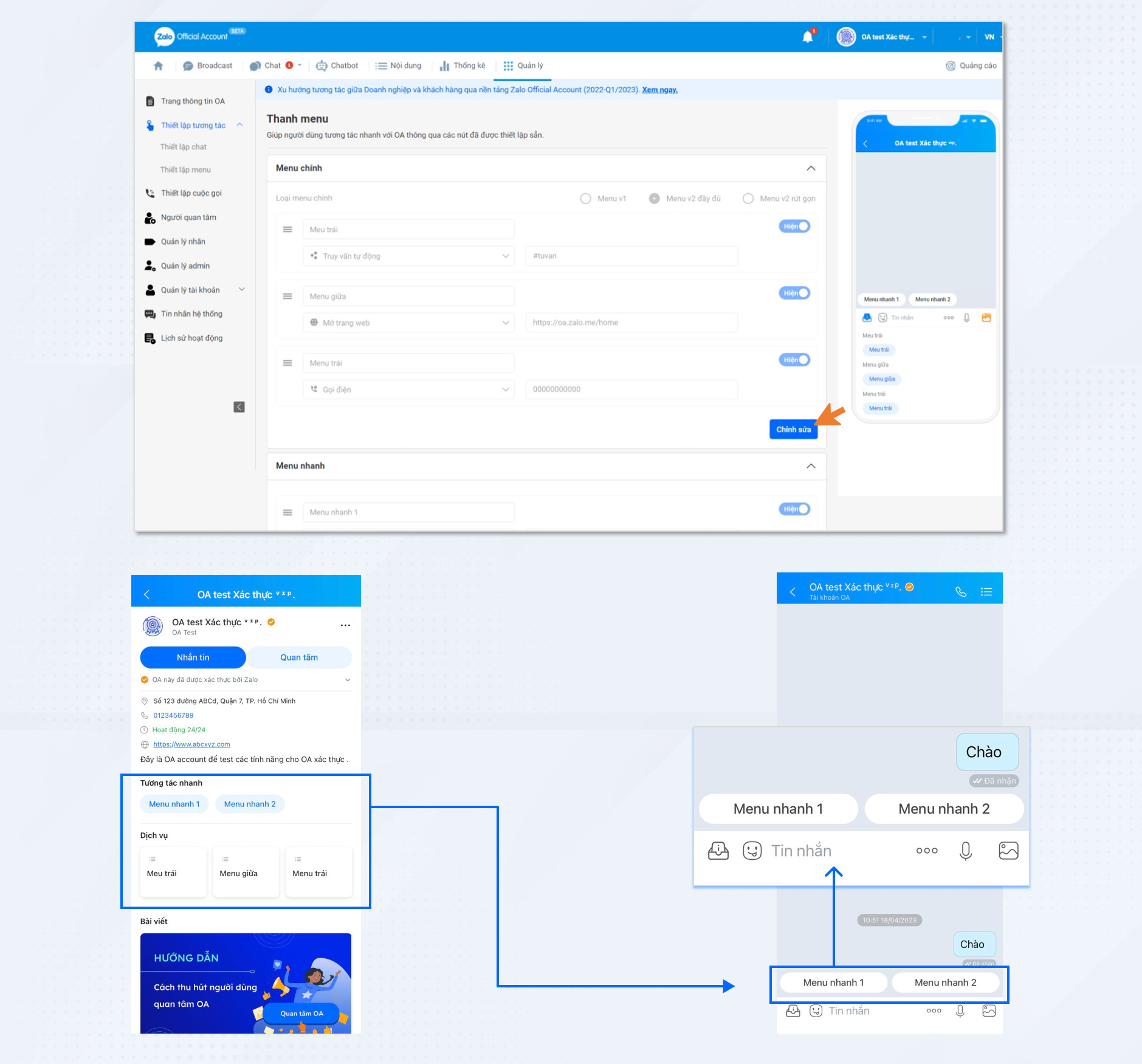 thiết lập menu V2 zalo oa