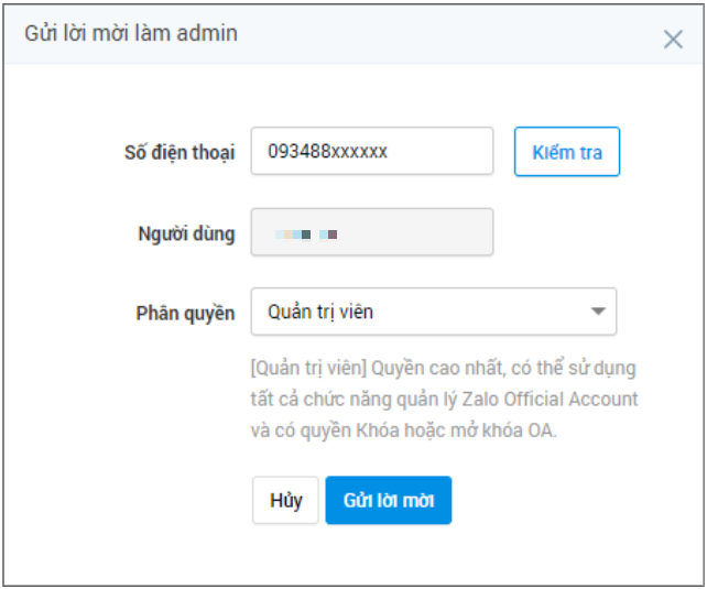 Phân quyền admin cho tài khoản Zalo
