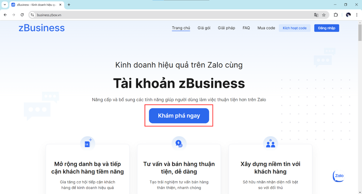 Truy cập vào link https://business.zbox.vn/ và nhấn chọn “Khám phá ngay”