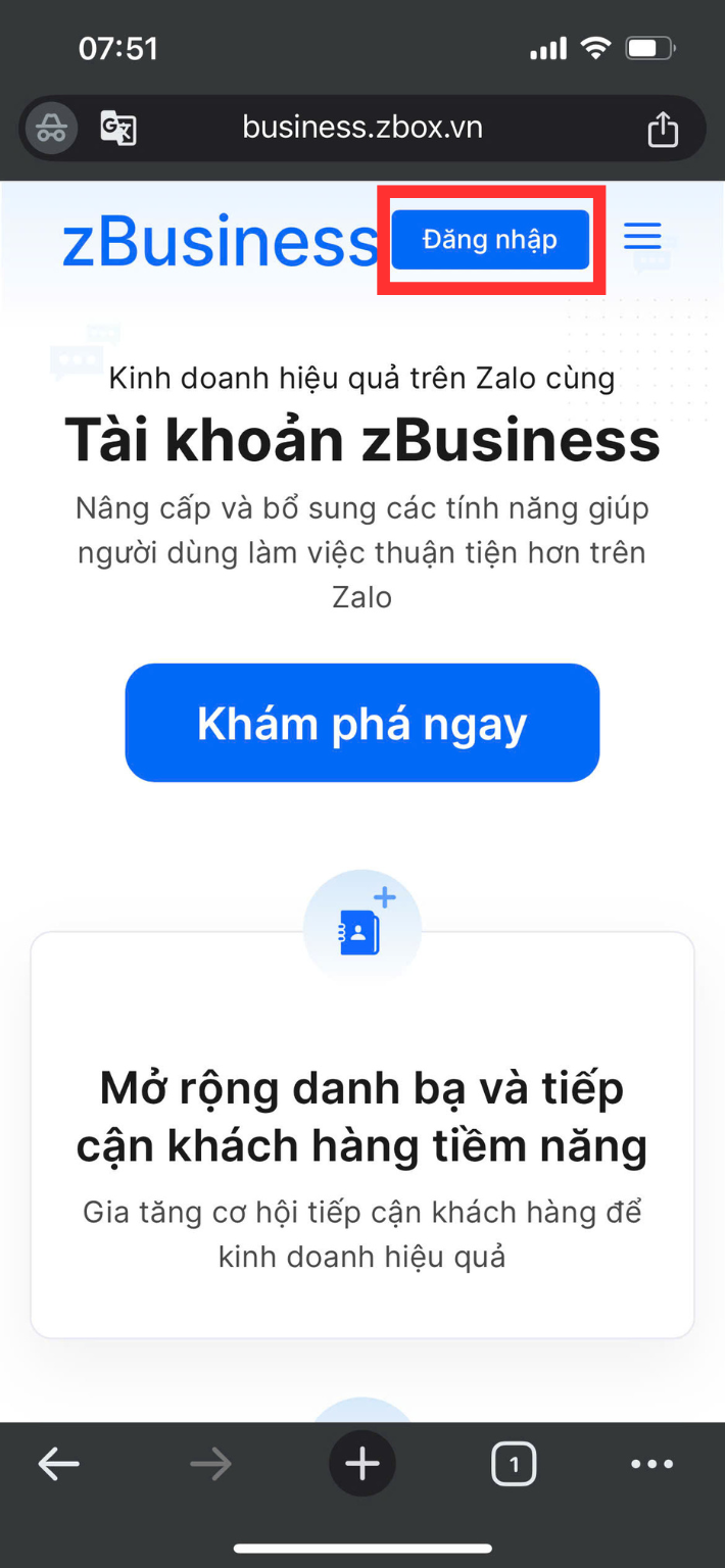 Mở trang web https://business.zbox.vn/ và chọn “Đăng nhập”